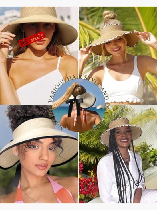 Wide Brim Straw Visor Hat Foldable UPF 50+ Ponytail Summer Beach main image 4